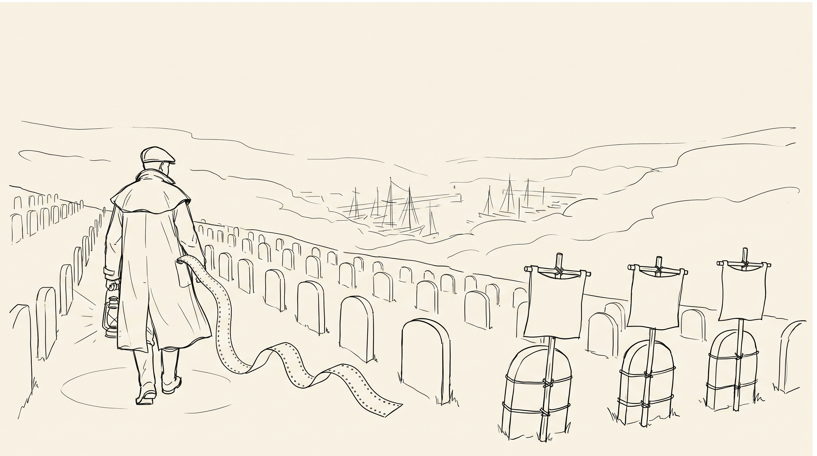 The fog-bound harbour churchyard at dawn, the sexton walking the rows with a lantern